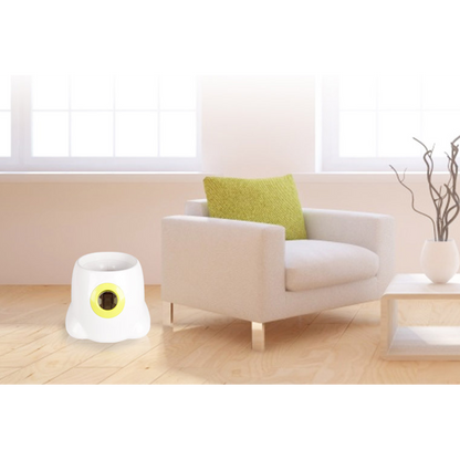 Everyday Essentials™ Ball Launcher beside a modern chair in a bright, tidy living room setting.